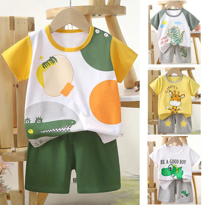 1 Sets Pure Cotton Kids Cartoon Clothing Summer Baby Fashion Short Sleeve Suits Boys Girls T-Shirts+Shorts Children Outfits