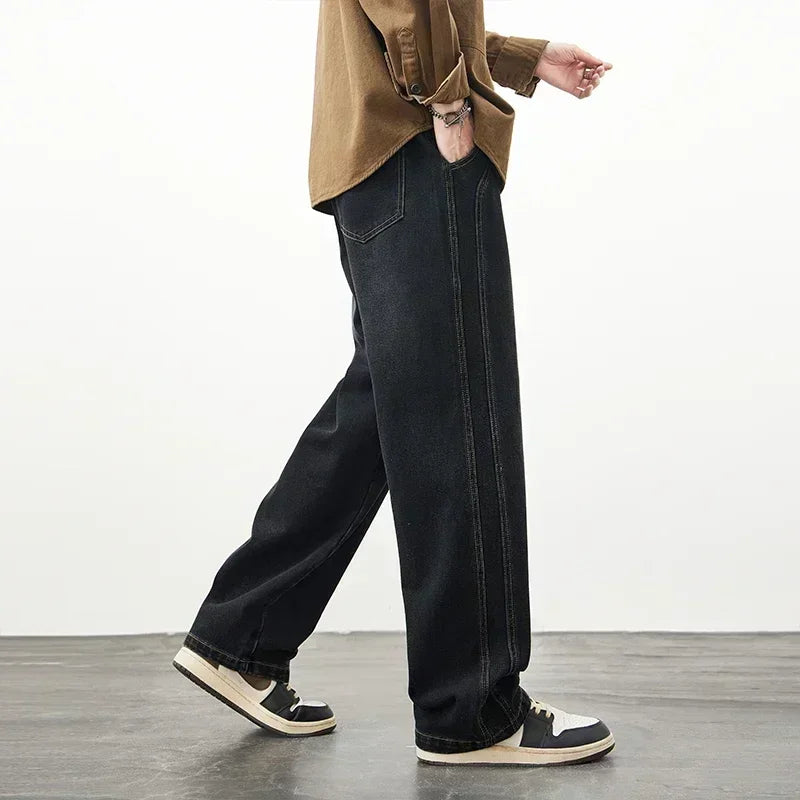 Men's Retro Jeans Elastic Waist Fashion Loose Straight Casual Wide Pants Cotton Casual Korean Baggy Wide Leg Denim Trousers