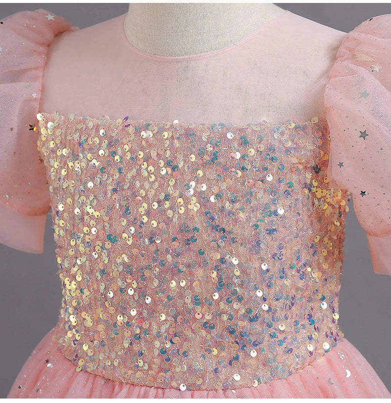 Children's Dress Girls' Princess Sequin Bubble Sleeve Long Mesh Flower Little Girl Wedding For Summer