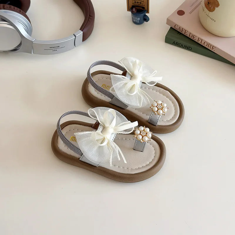 Summer Girl's Sandals Clip-toe Bowknot Elastic Band Soft Sole Kids Sliders Beautiful Pu Leather Chunky Morden Children Shoes