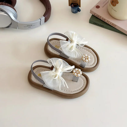 Summer Girl's Sandals Clip-toe Bowknot Elastic Band Soft Sole Kids Sliders Beautiful Pu Leather Chunky Morden Children Shoes