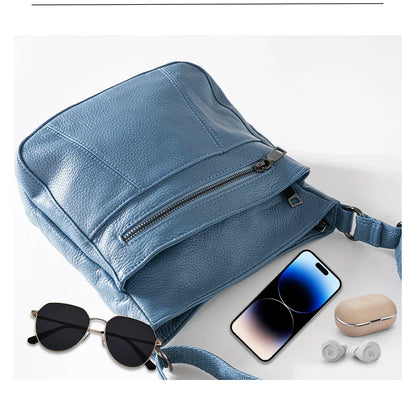 New Genuine Leather Women's Bag Casual One Shoulder Crossbody Bag Multi Pocket Messenger Bag