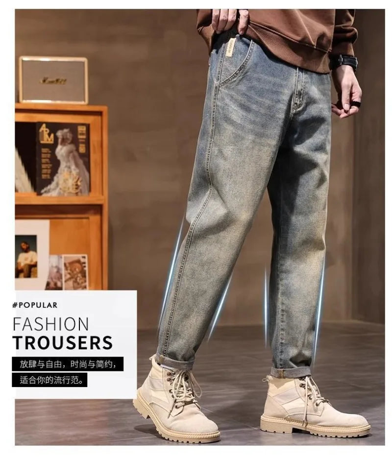 Calça Jeans Masculina Primavera Vintage Elástica Casual Longa Calça Reta Slim Algodão Poliéster Lavada para Adolescentes