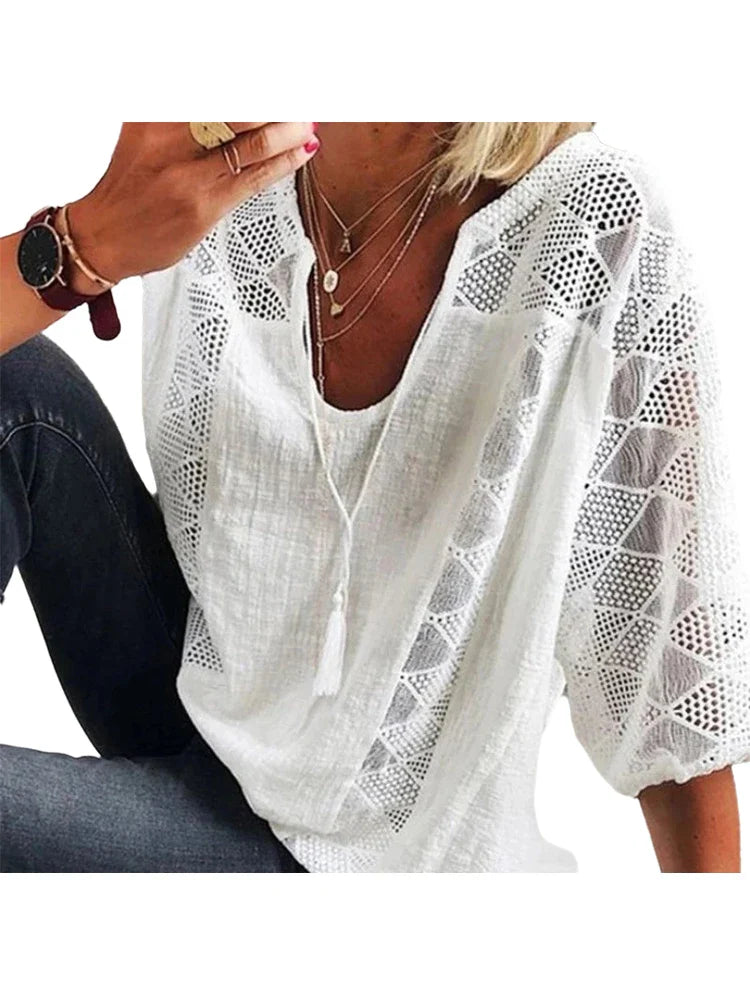 Women's Hollow Out V-Neck Short Sleeve Cotton White Shirt Loose Stitching Lace Blouse Casual Tops Summer Fashion 2025 24294