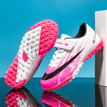 Kids' Turf Soccer Shoes with Rubber Soles, White/Pink, Black/Gold & WhiteMoon for Training