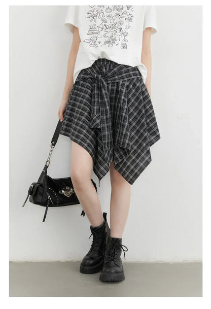 Women Skirts A Line Elastic Waist Strap Ties Irregular Plaid Half Length Skirt Female Short Skirt Woman Summer 2025