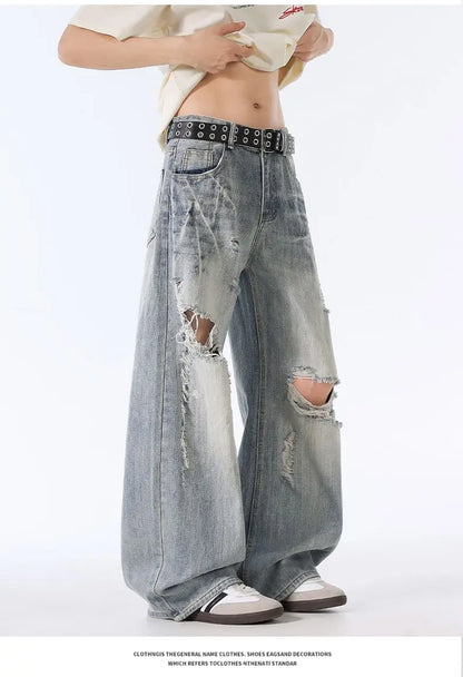 Male Ripped Pants Stretch Solid Blue Casual Men's Wide Leg Trousers Office Work Denim Pants Autumn Korean Vintage Straight Pants