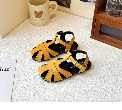 Kids Leather Cage Sandals for Girls 2025 Summer New Toddler Beach Shoes Non-slip Princess Elegant Retro Kid Garden Wedding Flats