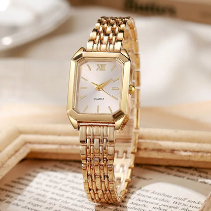 Luxury Women's Quartz Watch Set Fashion Alloy Band Business Ladies Watches Square Quality Gold Plated Folding Female Clock