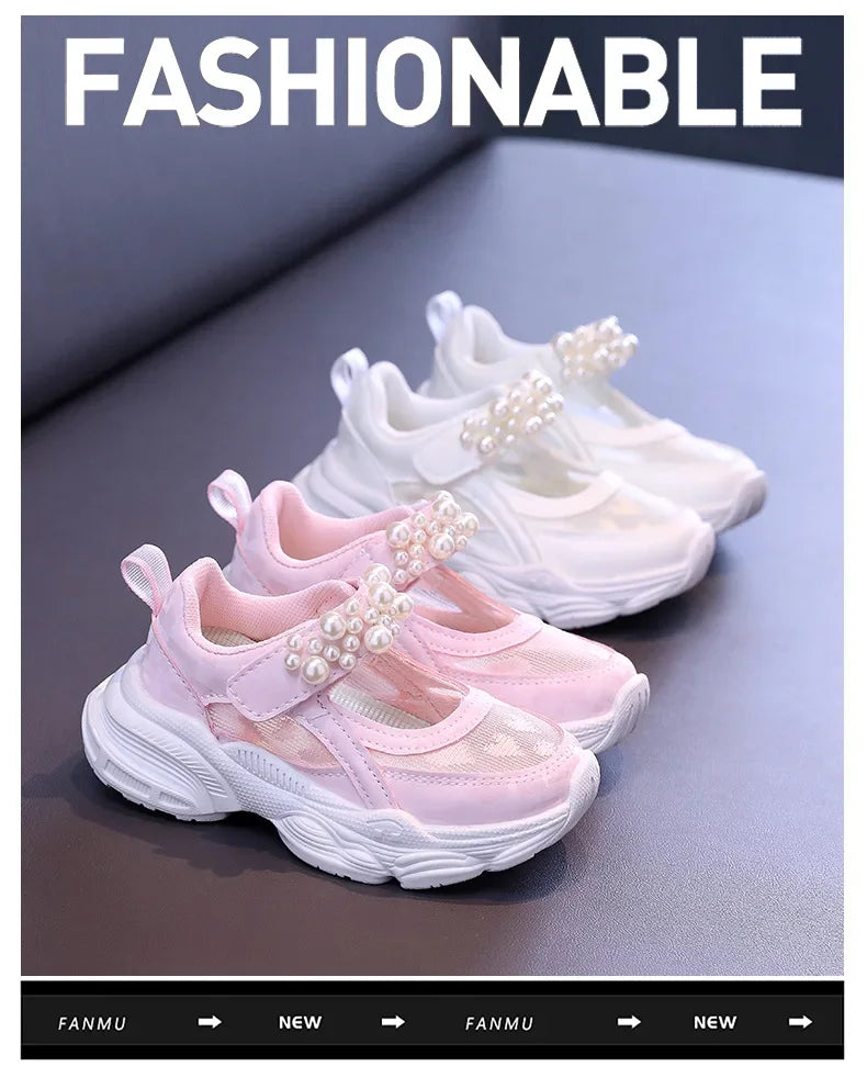 Girls Tennis Shoes Mesh Hollowed 2024 Summer New Children Solid Color Pearl Sports Shoes Kids Princess Sneakers Cute Heart