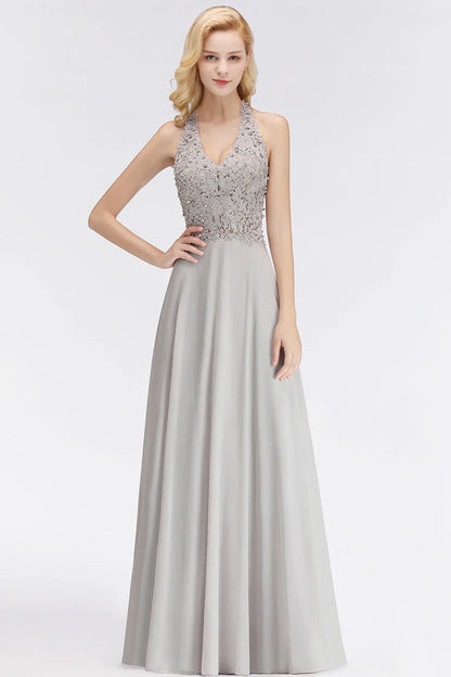 A-line V-neckline Chiffon Lace Pearls Beadings Floor-length Prom Dress Sleeveless Evening Elegant Party Dresses For Women 2024