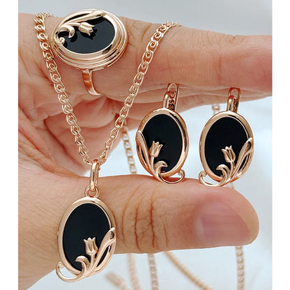 Oval Black Stone Ethnic Bridal Jewelry Sets Fashion 585 Rose Gold Color Ring Earrings Necklace Daily Fine Jewelry