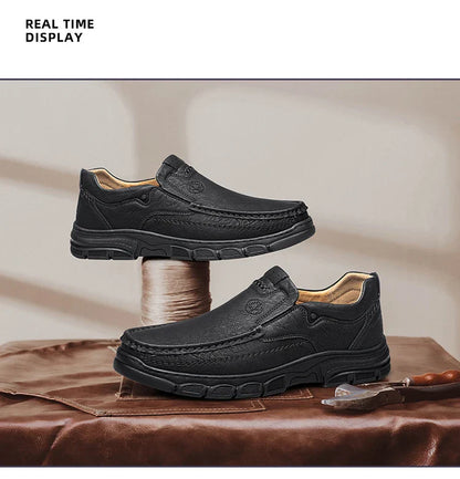 Men's Handmade Thick Rubber Bottom Breathable Casual Leather Shoes Classic Sewn Loafers Comfortable Leisure Footwear