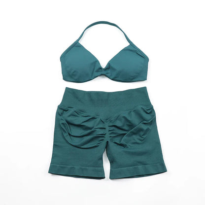 Scrunch Seamless Yoga Set Women Sportswear Ribbed Gym Shorts Strappy Sports Bra 2 Piece Set Halter Workout Clothes Fitness Suit