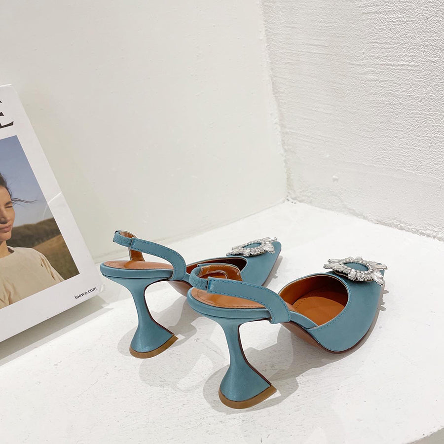 Aneikeh Marca Feminina Salto Alto de Seda Luxuoso Salto Alto com Laço de Borboleta de Cristal Sapatos Pontudos de Verão Salto Triângulo Sapatos de Noiva