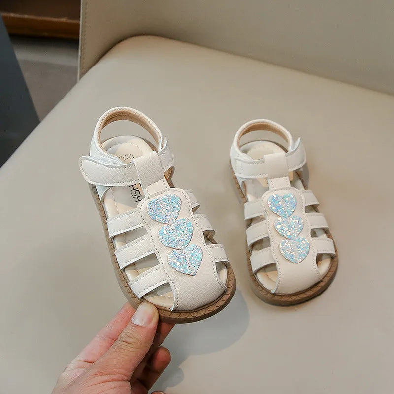 Kid Shoes Children Sandals Bling Heart-shape Summer Girl Princess Shoe Flat Heel Sandals Children Girls Performance Shoes I03022