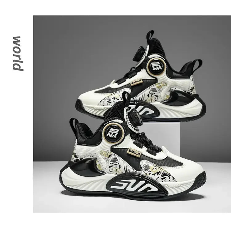 Leather Upper Children Basketball Shoes Rotatory Button Shock Absorbing Boys Shoes