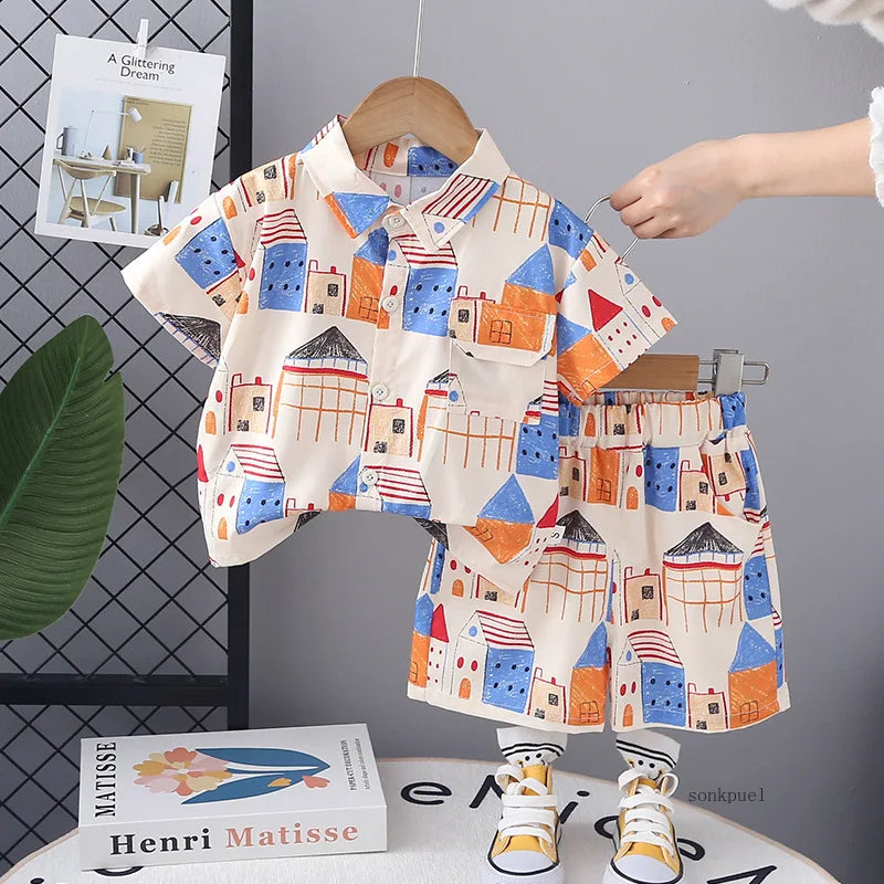 2PC Summer Boys' Short-sleeve Shirt Tops Print Fashionable Outfit for Outdoor Wear New Summer Trendy Set for Kids