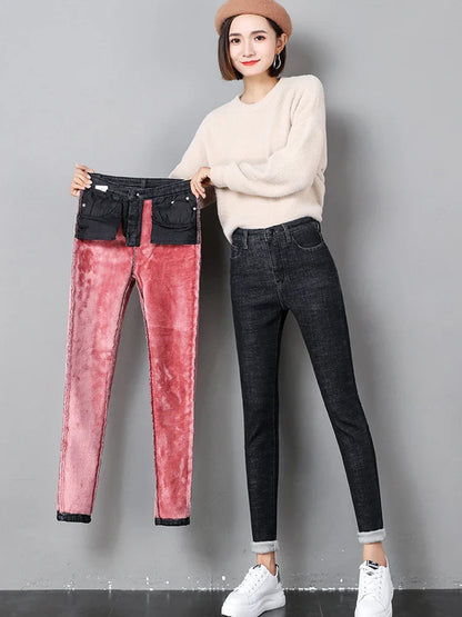 Women's Thick Warm Jeans, Stretch Tight Pencil Pants