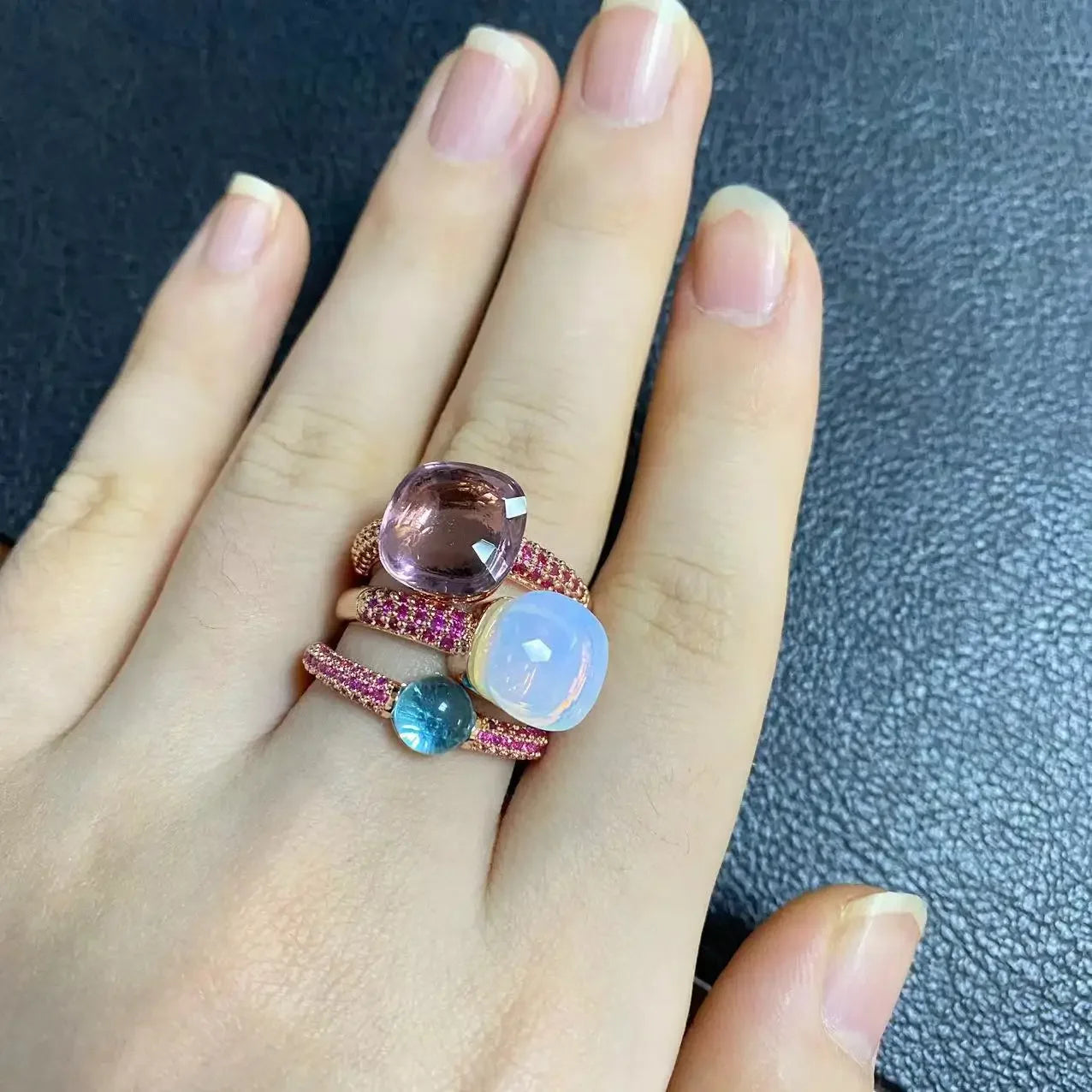 Conjunto de 3 anéis empilháveis ​​Nudo para mulheres, conjunto com cores mistas, cristais tipo bala incrustados, zircônia, ametista, topázio azul, joia redonda, presente