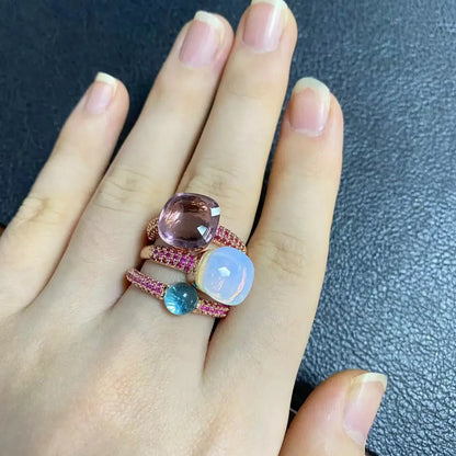 Conjunto de 3 anéis empilháveis ​​Nudo para mulheres, conjunto com cores mistas, cristais tipo bala incrustados, zircônia, ametista, topázio azul, joia redonda, presente