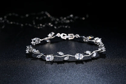 Rose Gold Color Leaf Chain & Link Bracelet with Red + Green AAA Zircon for Mother Gifts Jewelry JIB072
