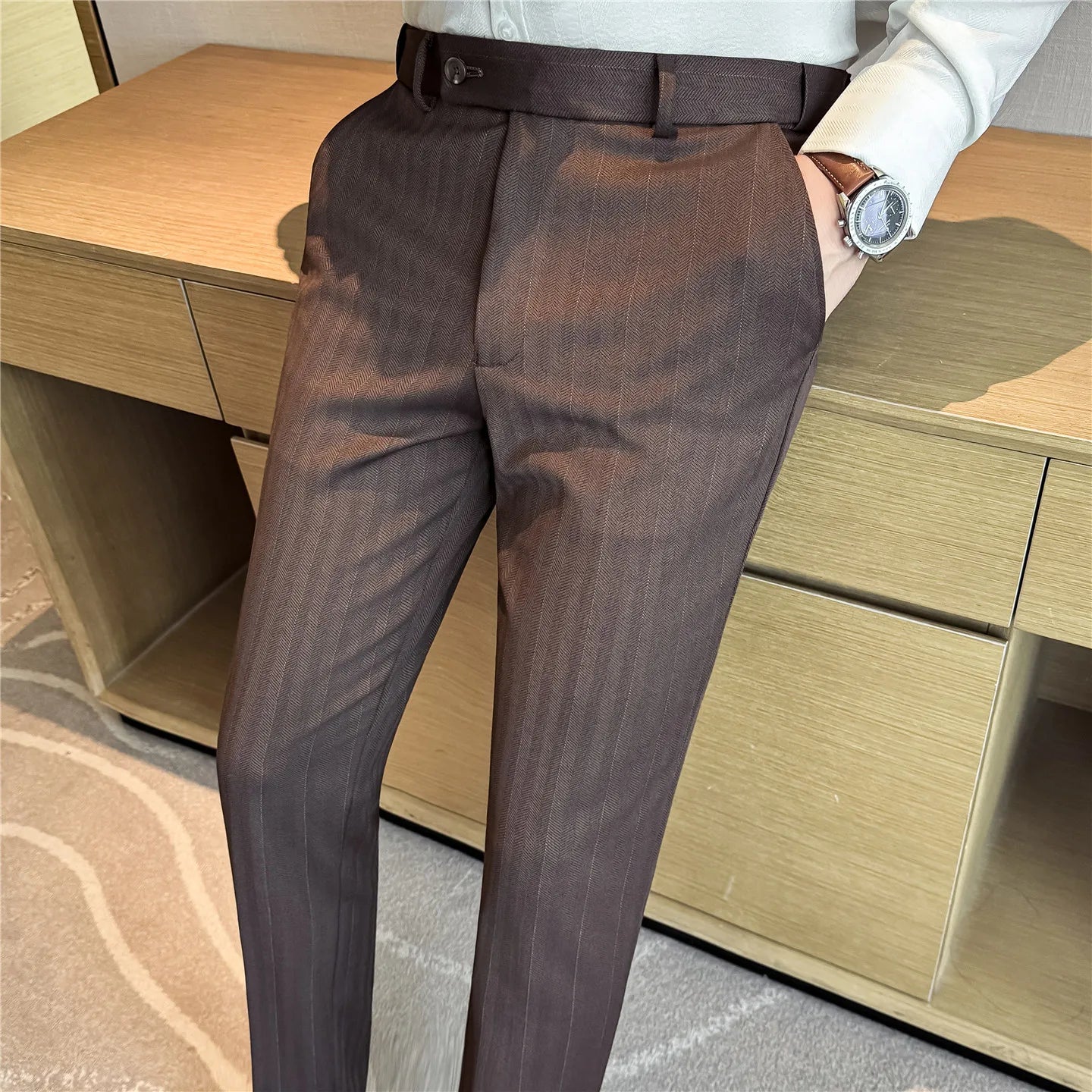 Men's Wool Blend Dress Pants, Elastic Waist Business Trousers, Tapered Slim Fit, Charcoal Gray Black Navy