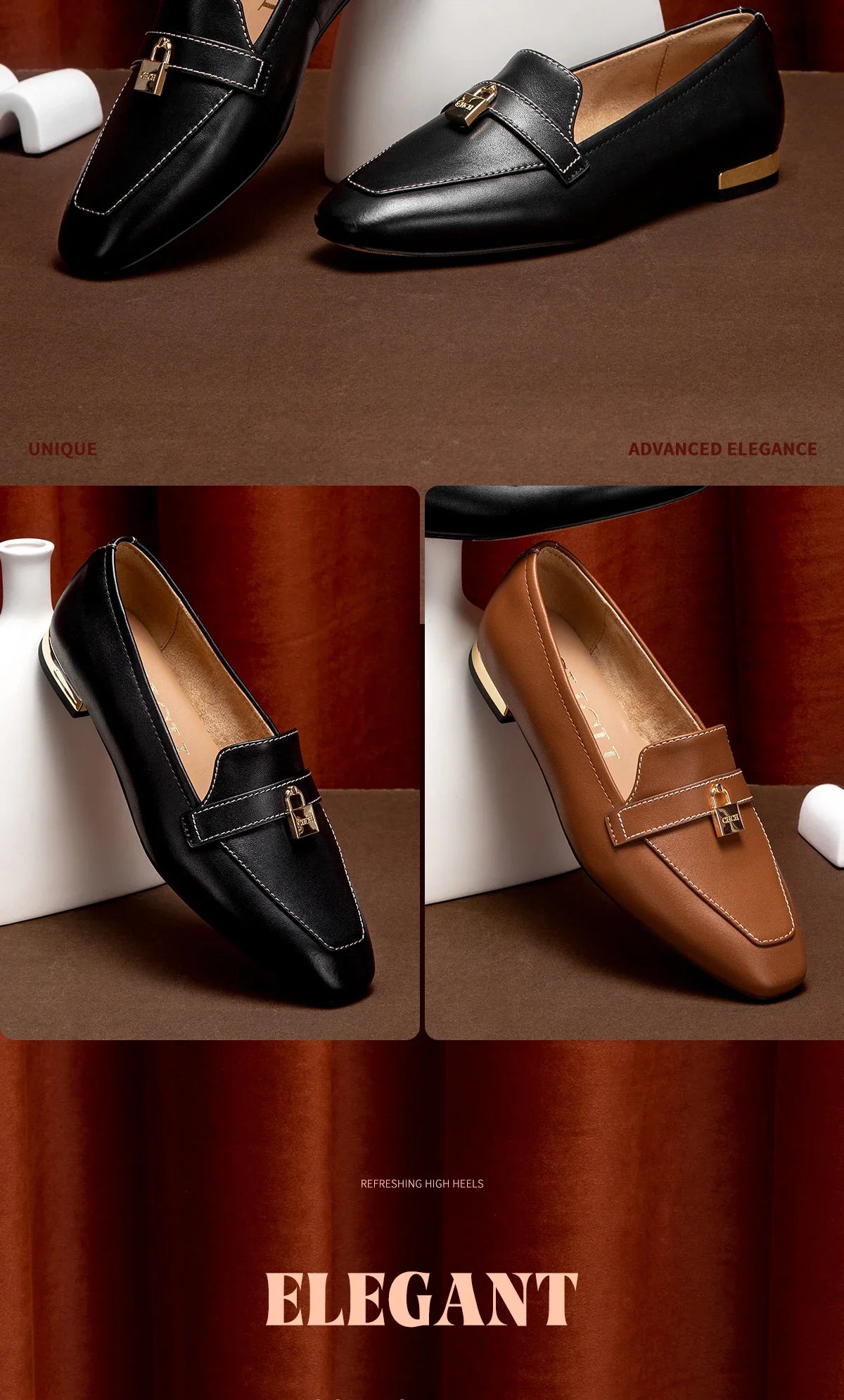 Women's Leather Loafers with Gold Lock Detail Square Toe Low Heel Penny Casual Office Slip-On Dress Shoes for Woman