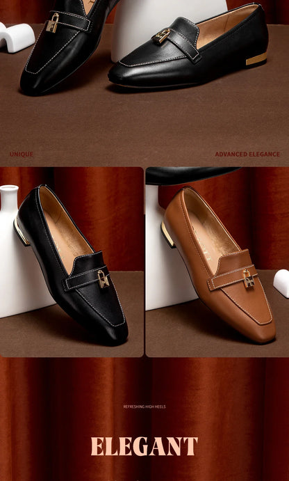Women's Leather Loafers with Gold Lock Detail Square Toe Low Heel Penny Casual Office Slip-On Dress Shoes for Woman