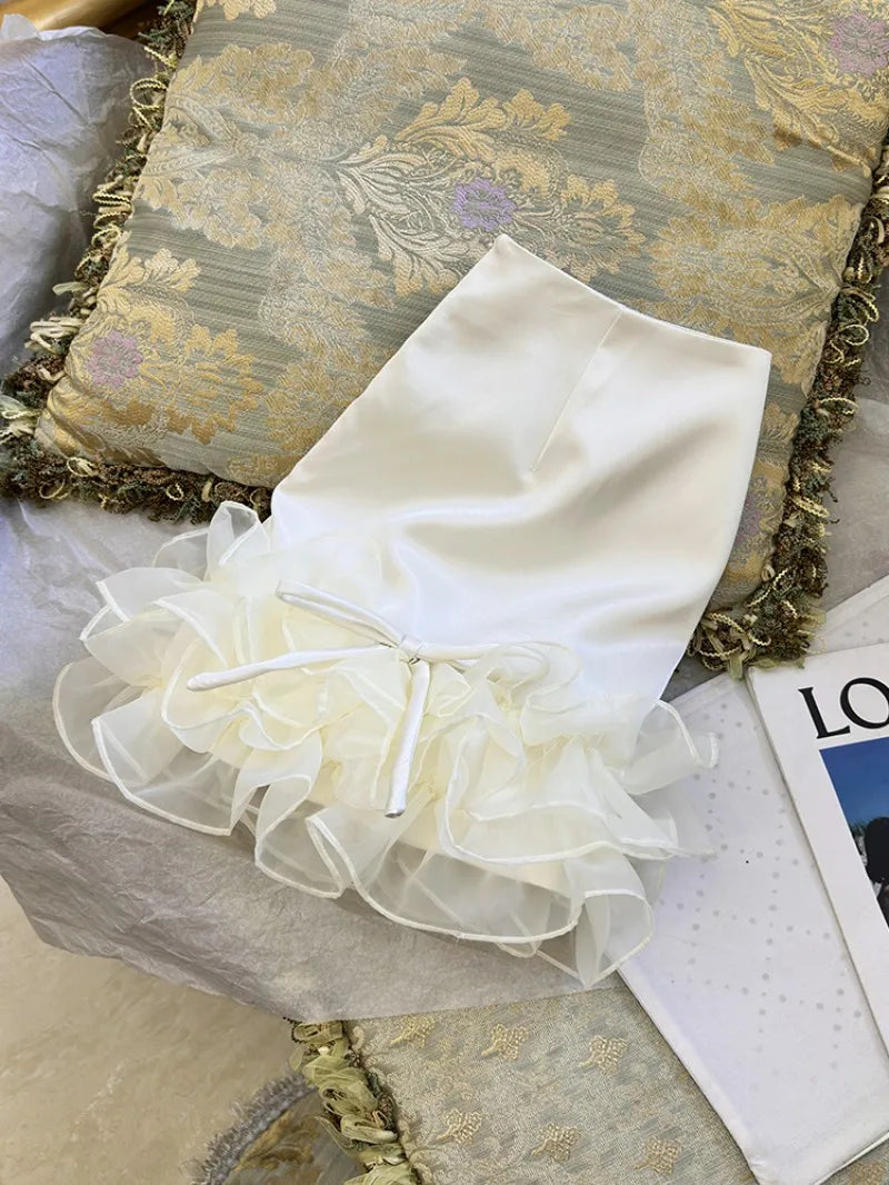 Females Summer Sweet Ruffle Edge Short Skirts French Style A-Line Party Stage Fashion Lace Shirring Above Knee Mini Skirt