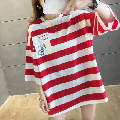 Y2K Novo Verão Feminino Blusas de Manga Curta Tees INS Moda Casual Solta Listrada Cropped T-shirt Gola O Algodão Pulôver Feminino T-shirts