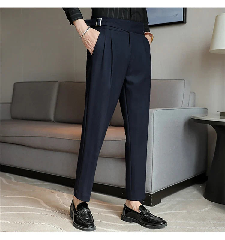 Luxury Men's Slim High-Rise Dress Pants - Heavyweight Subtle Stripe with 3D Pleats & Naples Tailoring