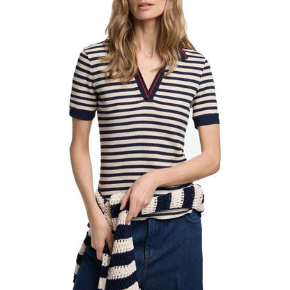 Fashion Stripe Knitted Polo Neck T Shirt For Women Soft Chic Short Sleeve Casual Pullovers 2025 Summer New Lady Street Tops