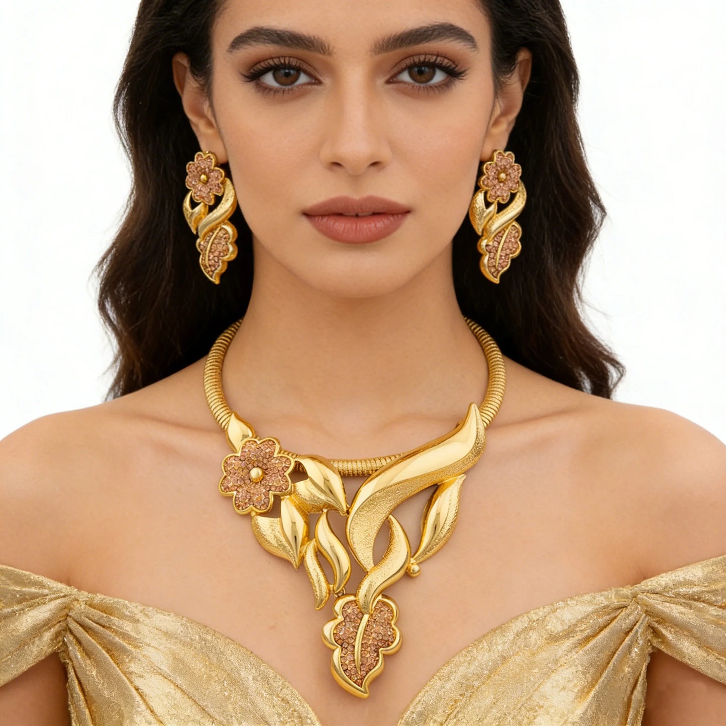 Luxury Flower Design Jewelry Set for Women Color Big Pendant Necklace and Earrings Bridal Weddings Nigerian Accessories