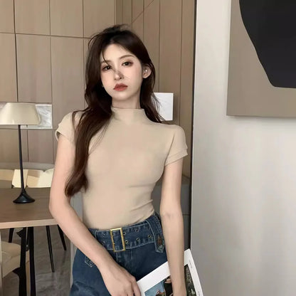 1pcs Girls Summer Solid T-shirts Womens Classic Basic Fashion Tees New Students Short Sleeve Slim Tops Females Mock Neck Tshirts