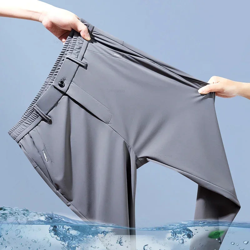 Ultra-thin Elastic Men's Casual Trousers Summer Quick-drying Ice Silk Slim Straight Business Solid Color Trousers Black Gray