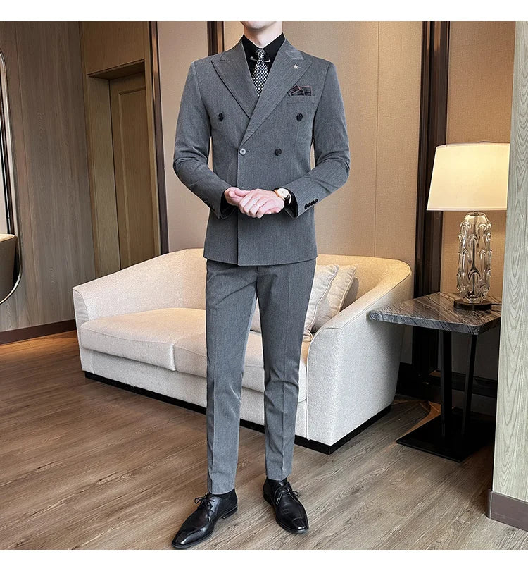 (Jackets+Pants) Luxury Double Breasted Design Slim Fit Suit High Quality Fashion Men's Wedding Social Suit Tuxedo 2 Piece Set