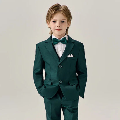 Boys Dark Green Jakcet Vest Pants Bowtie Evening Party Dress Children Wedding Photograph Suit Kids Ceremony Performance Costume