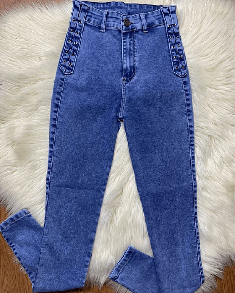 New Curved Fit Pants Distress Jean Women's High Waist Personalized Jeans Trousers