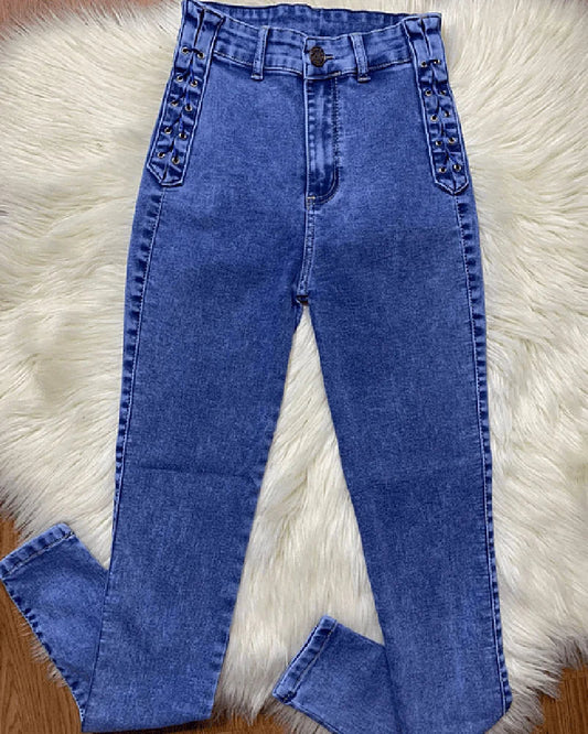 New Curved Fit Pants Distress Jean Women's High Waist Personalized Jeans Trousers
