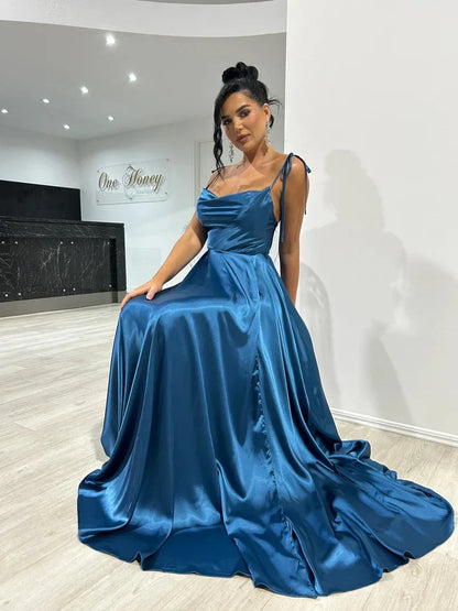 Ladies Navy Blue A-line Long Satin Evening Dresses For Women 2024 Spaghetti Straps Sexy Slit Cocktail Prom Party Gown Gala Dress