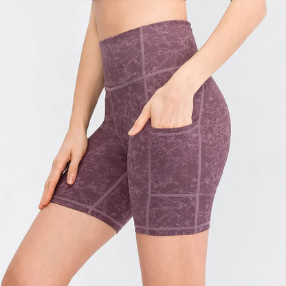 Women's printed nude yoga shorts with pockets skin-friendly tight stretch quick-drying sports fitness hiking running shorts