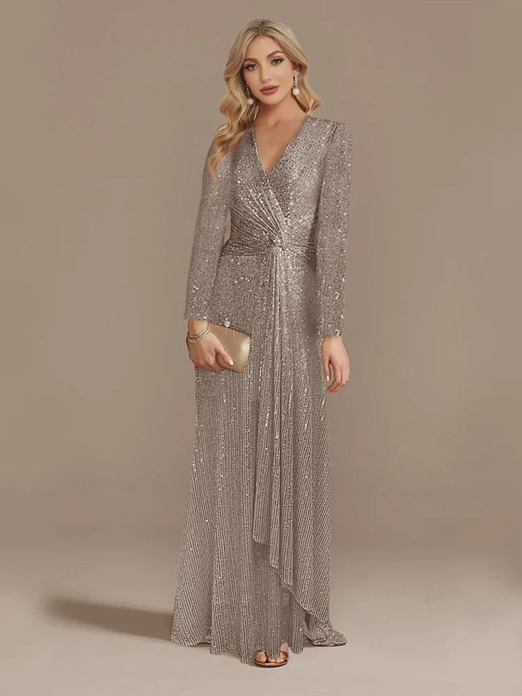 Luxury Floor Length V-Neck Evening Dress 2025 Women Elegant Party Maxi Dress Sequin Long Sleeves Prom Cocktail Dress