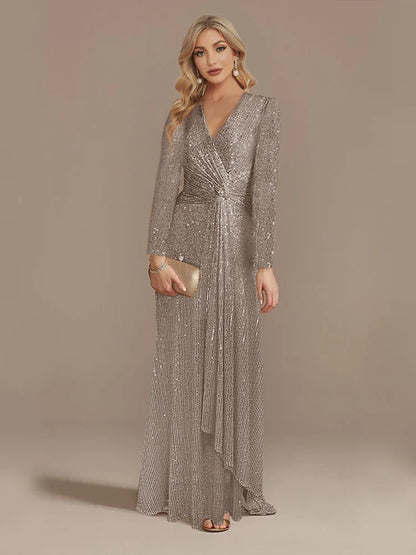 Luxury Floor Length V-Neck Evening Dress 2025 Women Elegant Party Maxi Dress Sequin Long Sleeves Prom Cocktail Dress