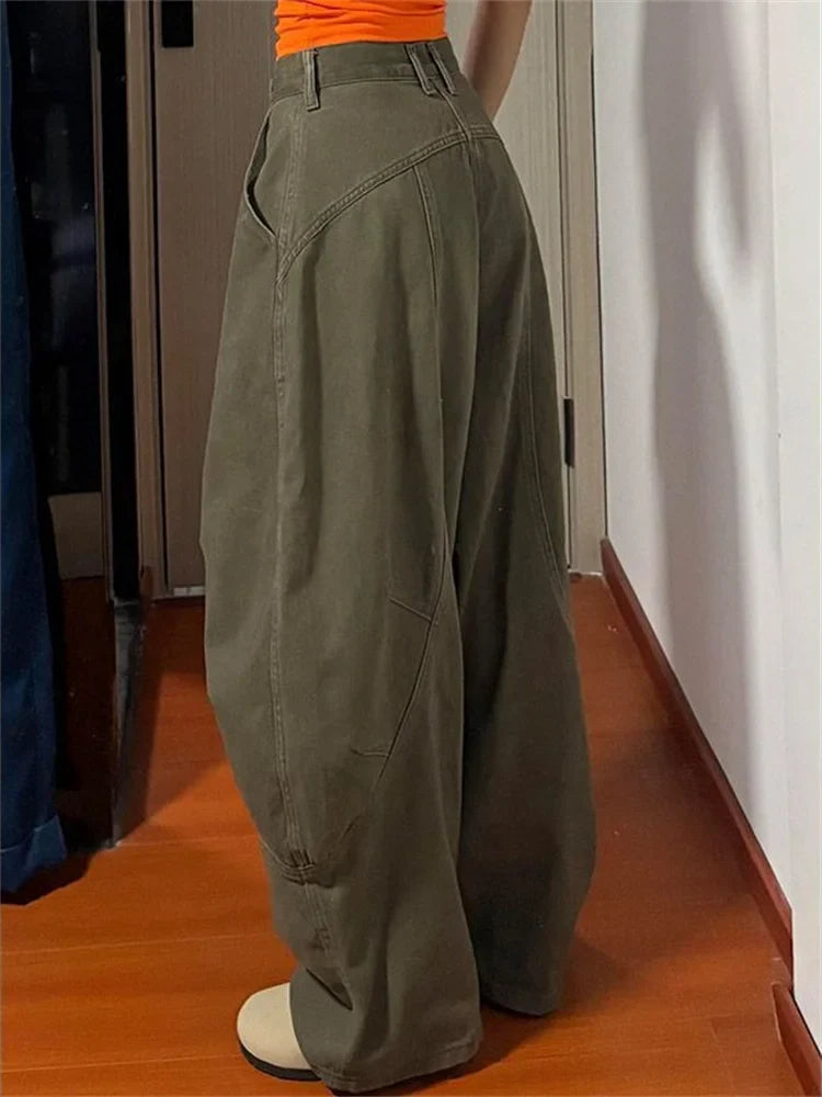 Army Green Baggye Jeans for Women High Waist Loose Vintage Y2k  Long Denim Pants Female Fashion Streetwear Washed Jeans