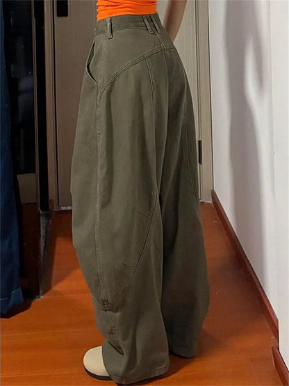 Army Green Baggye Jeans for Women High Waist Loose Vintage Y2k  Long Denim Pants Female Fashion Streetwear Washed Jeans