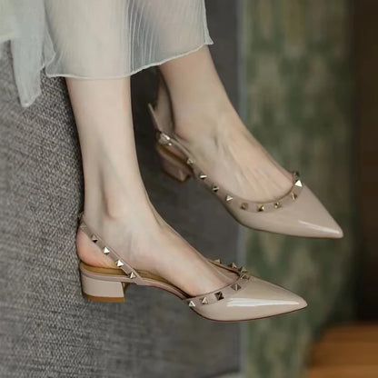 High-quality fashionable high-heeled shoes. Women's retro rivet pointed-toe patent leather casual comfortable office sandals