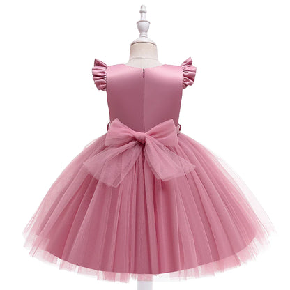 Summer Bow Wedding Party Girls Dress Elegant Tulle Bridesmaids Princess Evening Dresses for Girl Gala Birthday Host Prom Costume