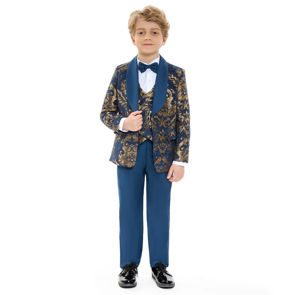 Ornate Jacquard Toddler Suit Set Jacket Pants Bowtie Kids Luxe Concert Tuxedo Ring Bearer Waist Adjustable 3-14 Yrs Suits Suitab