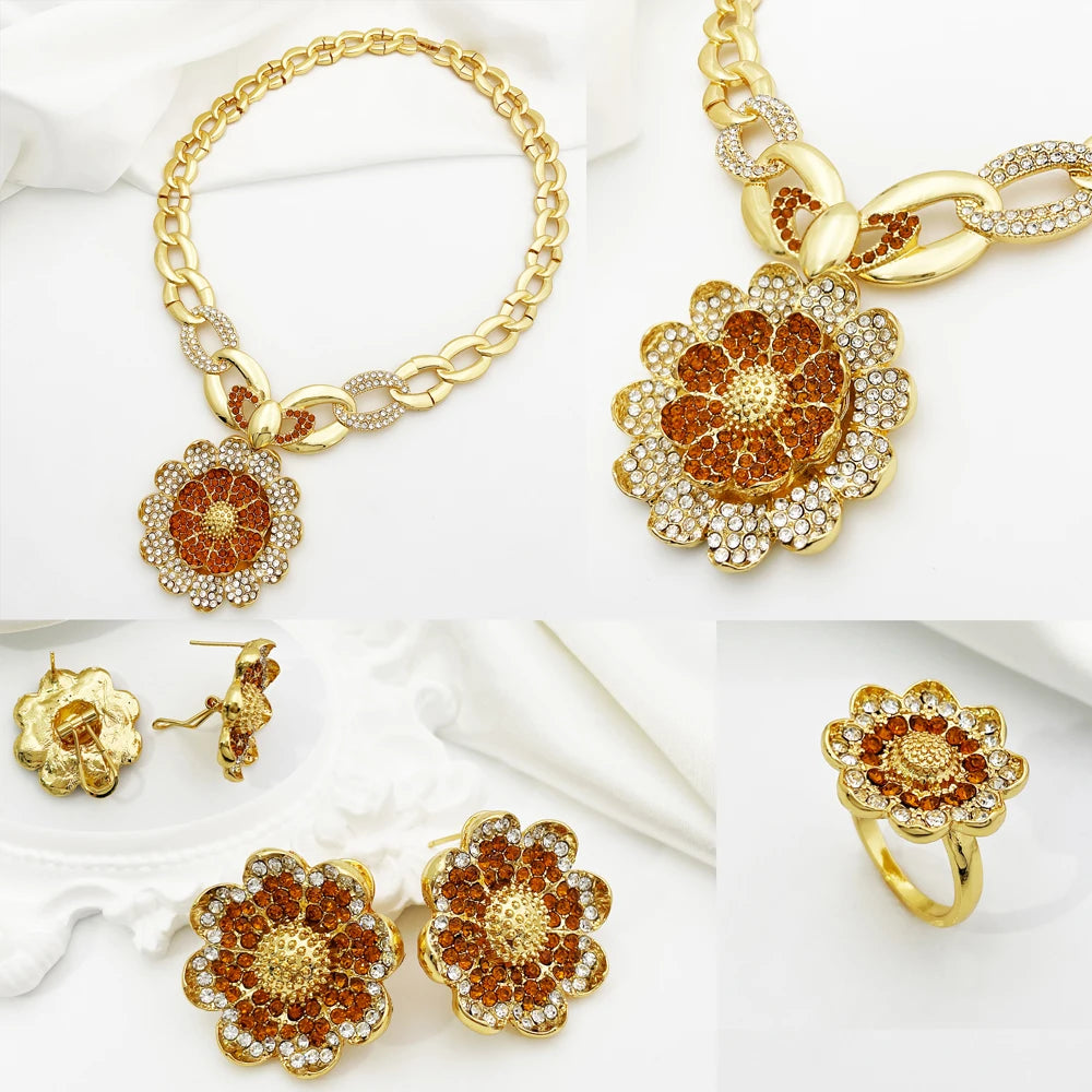Vintage Jewelry Sets For Women Plant Flower Big Pendant Quality Necklace Earrings Ring Bracelet Set Jewelry Trending